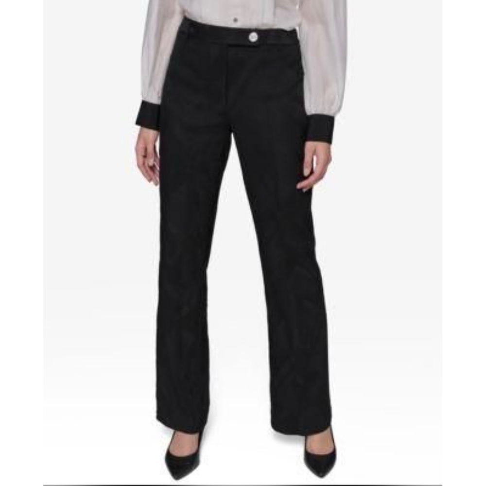 Womens Black Straight Leg Dress Pants Tailored Button Waist Trousers